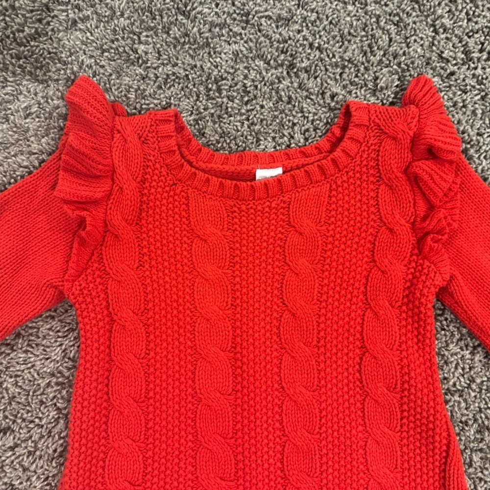Girls Carter’s Red Cable Knit Dress with Ruffle Sleeves, size 5 - Picture 3 of 6